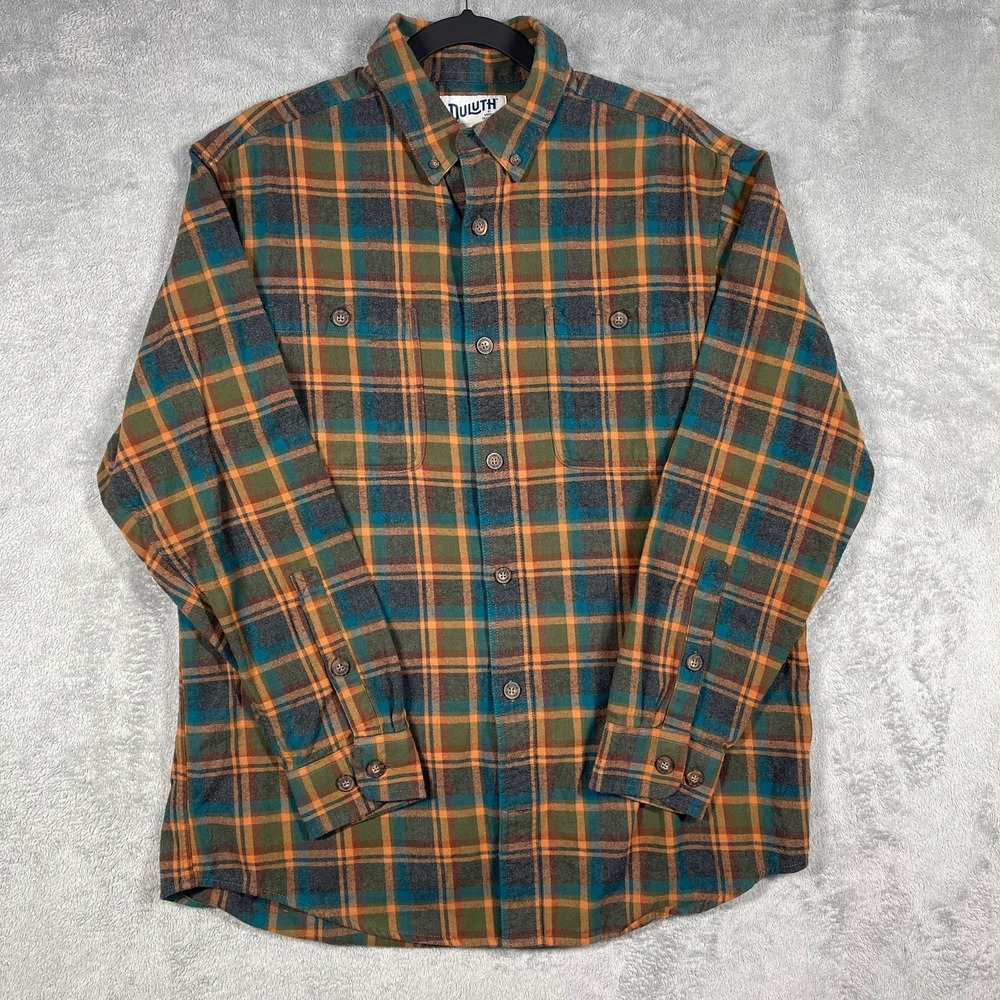 Duluth Flannel Shirt Mens M Orange Green Plaid‎ Relaxed Fit Cotton Button Down
